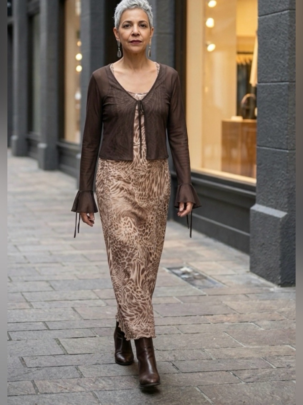 See You Monday Brown Animal Print dress with Sheer Cardigan - Picture 2 of 13